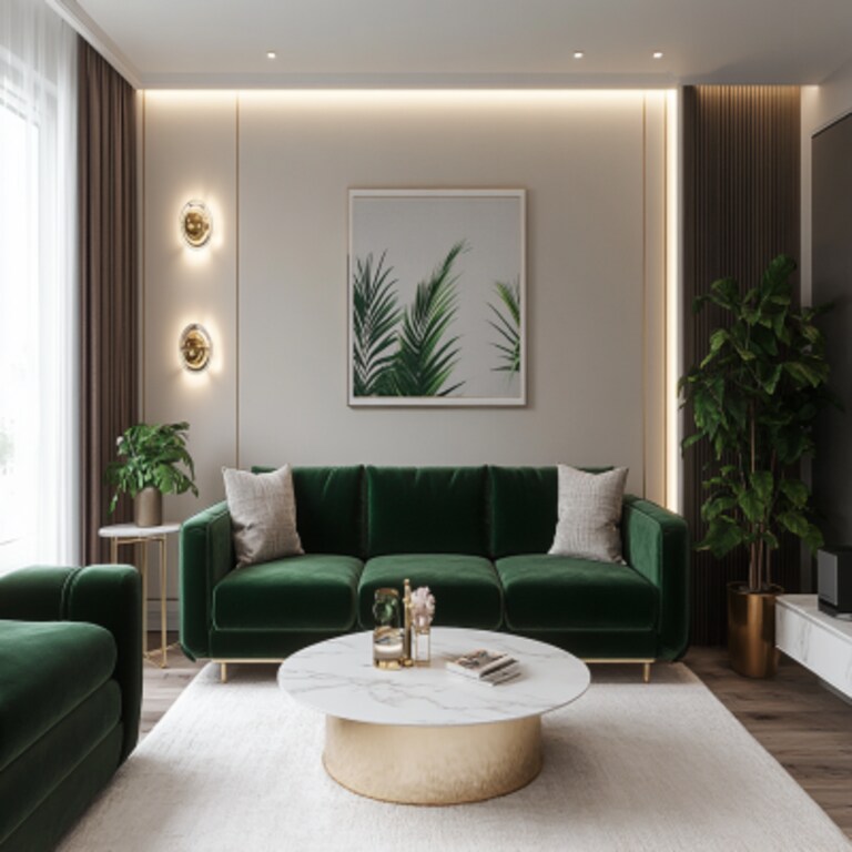 modern living room design with green velvet sofa and marble table